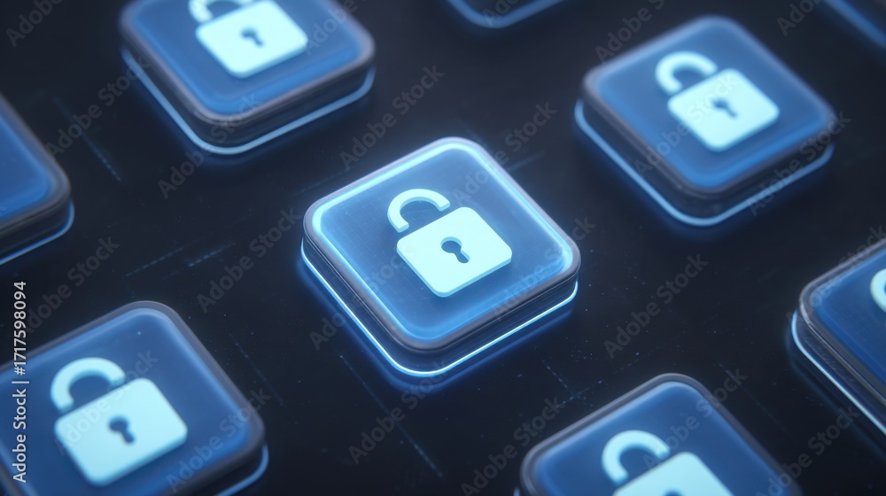 Poster digital lock icon on a touchscreen display signifying security and protection in a futuristic techno