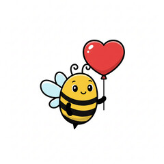 Obraz premium Adorable cartoon bee sweetly holding a red heart balloon, perfect for Valentine's Day cards, children's books, and cute designs for love celebrations