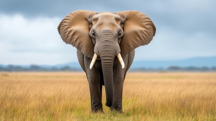 Fototapeta premium Majestic Elephant Standing in Golden Grassland Under Dramatic Sky