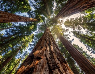 low-angle photograph looking up at the canopy of a giant sequoia forest.