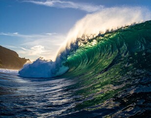 powerful, dramatic photograph of a massive, cresting ocean wave, captured from the