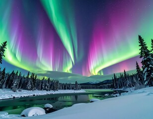 stunning, wide-angle landscape photograph of the Aurora Borealis dancing in the sky