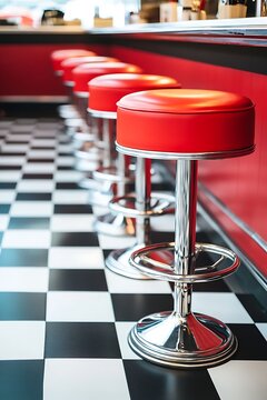 A row of polished chrome bar stools, vibrant red, stands on a classic checkerboard floor in an American diner.