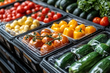 Overhead flat lay of sustainably packed fresh vegetables in recycled cardboard and cellulose packaging.