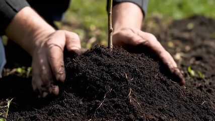 Close-up of hands planting a small tree seedling in dark fertile soil, gardening and nature concept
