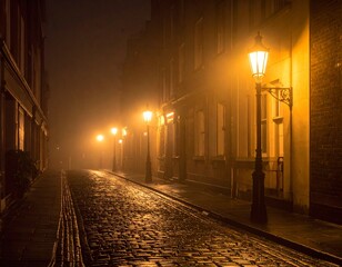 atmospheric photograph of a cobblestone street in Victorian London at night.