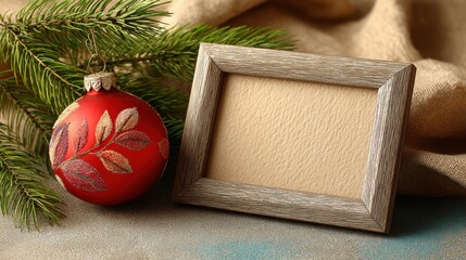 Rustic Christmas frame with red bauble and pine branch