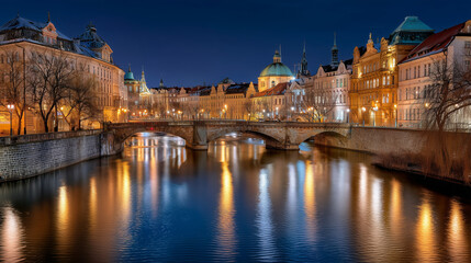A beautifully illuminated historic city at night, with elegant buildings and domes reflecting warm golden lights onto the calm river below. An arched stone bridge spans the water, its graceful structu