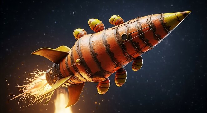 An orange, tiger-striped rocket ship blasts off against a dark starry backdrop, showcasing a vintage, steampunk aesthetic.
