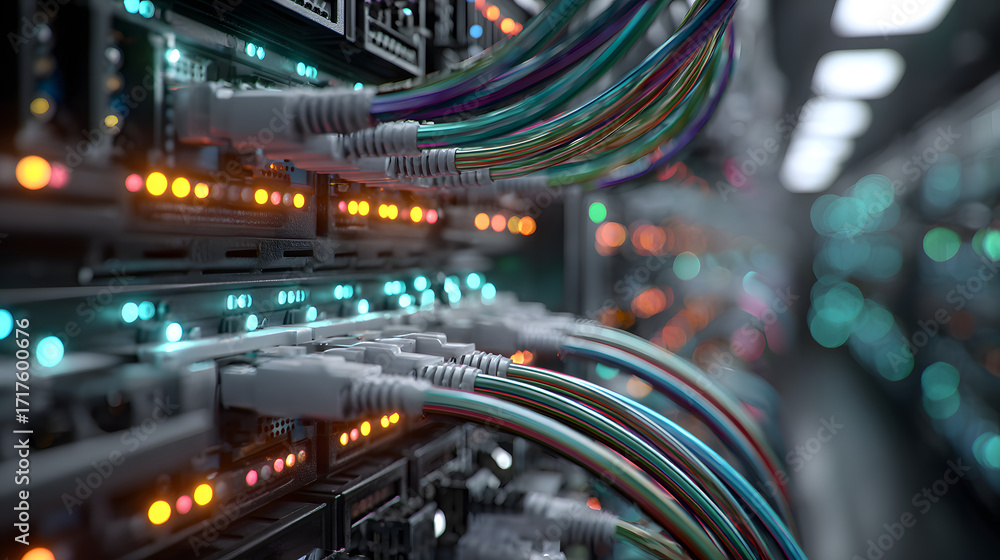 Poster network cables plugged into server with blinking lights, data center connectivity closeup