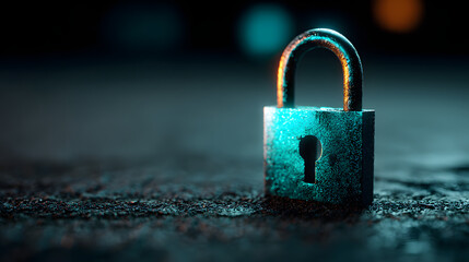 A glowing turquoise padlock on a dark surface, symbolizing data security and cyber protection ideal for use in cybersecurity themes and online privacy,