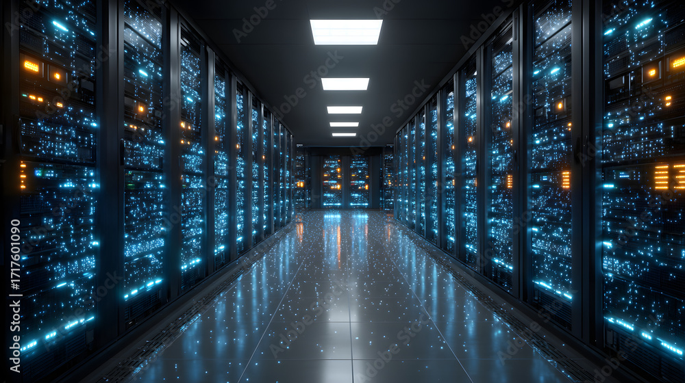 Poster server room with rows of servers and blue glowing lights, depicting digital data and information tra