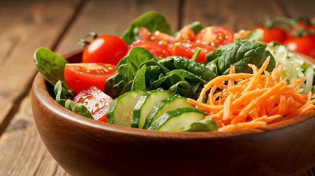 Freshly tossed salad with ripe tomatoes, cucumber slices, spinach, and shredded carrots in a wooden