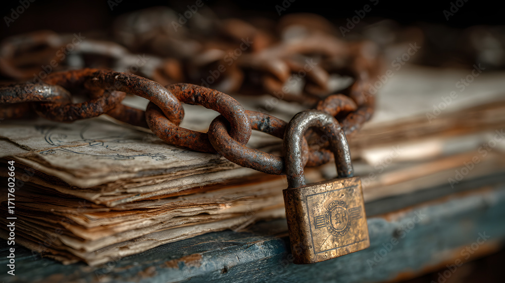 Poster securing vital documents with chains and locks for maximum data protection and privacy