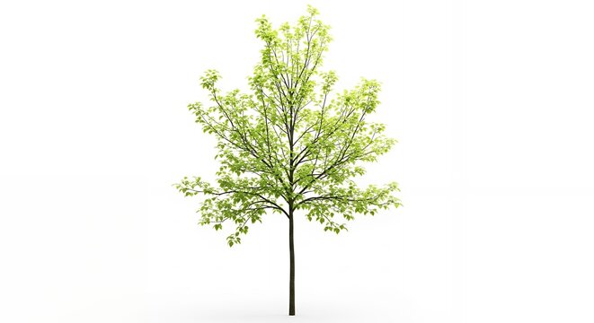 Isolated young tree with fresh green foliage on white background, a sapling in spring season. Concept for reforestation initiative, ecological balance and environmental conservation