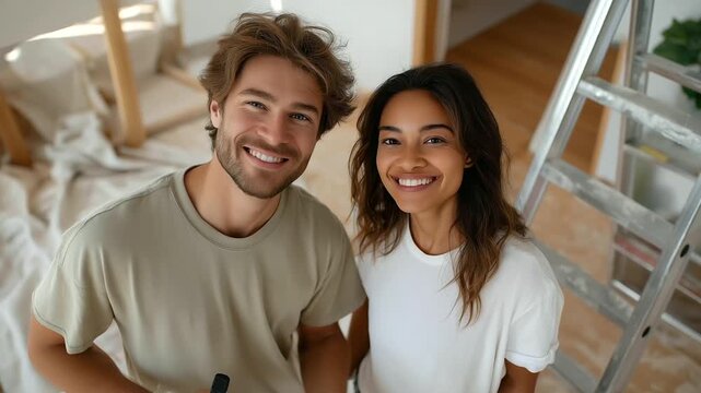 A couple their faces beaming renovates a room one painting with a roller its handle worn while the other sands wood its grain rough. A metal ladder its rungs scuffed stands