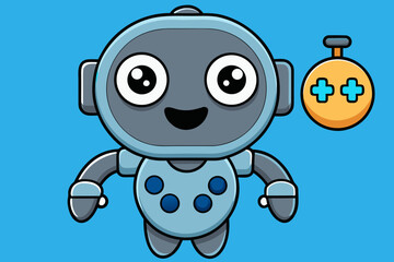 Cute robot character with a game controller on a blue background