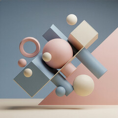 Obraz premium Abstract 3D composition of floating geometric shapes. Modern minimalist background in pastel pink and blue. Concept of balance and harmony.