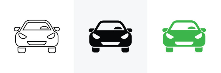 Three car icons line art solid black and green