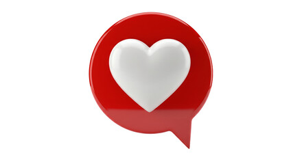 Red speech bubble with white heart, love, like, valentine, social media icon, 3D render, glossy, shiny, symbol, graphic design element, web design, app design, UI, UX, digital art, illustration,