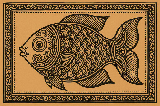 pattachitra art fish design with ornamental details, Indian folk vector, pattachitra art style