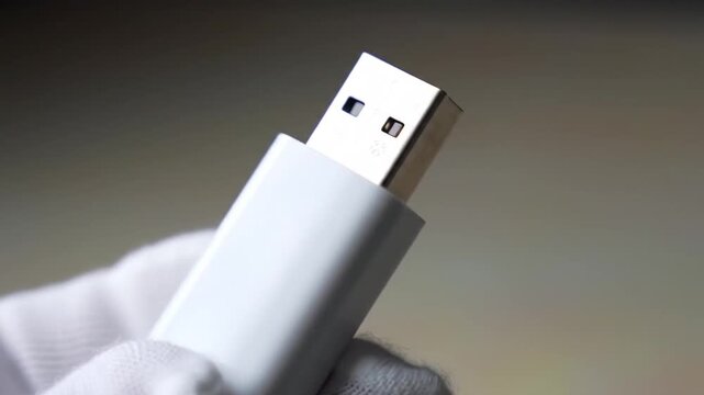 A white-gloved hand carefully holds a USB drive against a blurred background, emphasizing its design and clean aesthetics