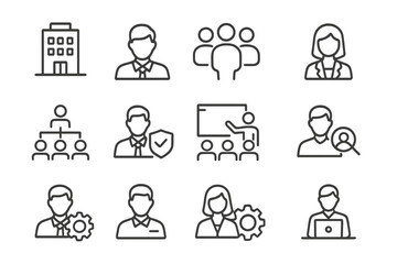 Company staff and business management line icon set. Corporate team, office, hierarchy, HR recruitment, training, security. Employee pictogram collection. Editable stroke vector.