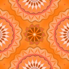 A seamless pattern of circular, mandala-like shapes in a warm palette of orange, pink, and white. 