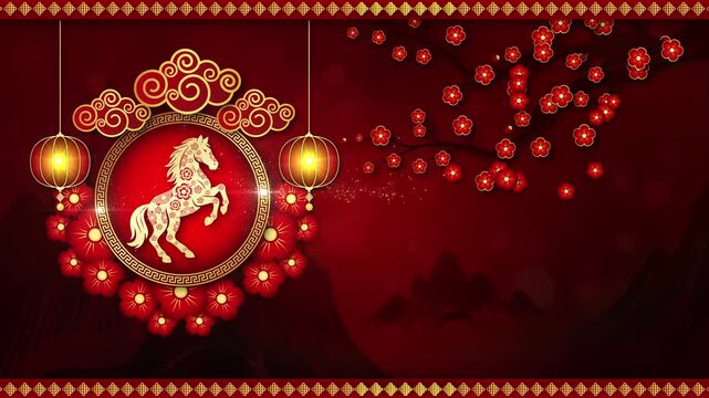 Elegant Chinese New Year 2026 background with zodiac horse symbol, red lanterns, plum blossom flowers, and traditional decorative elements.