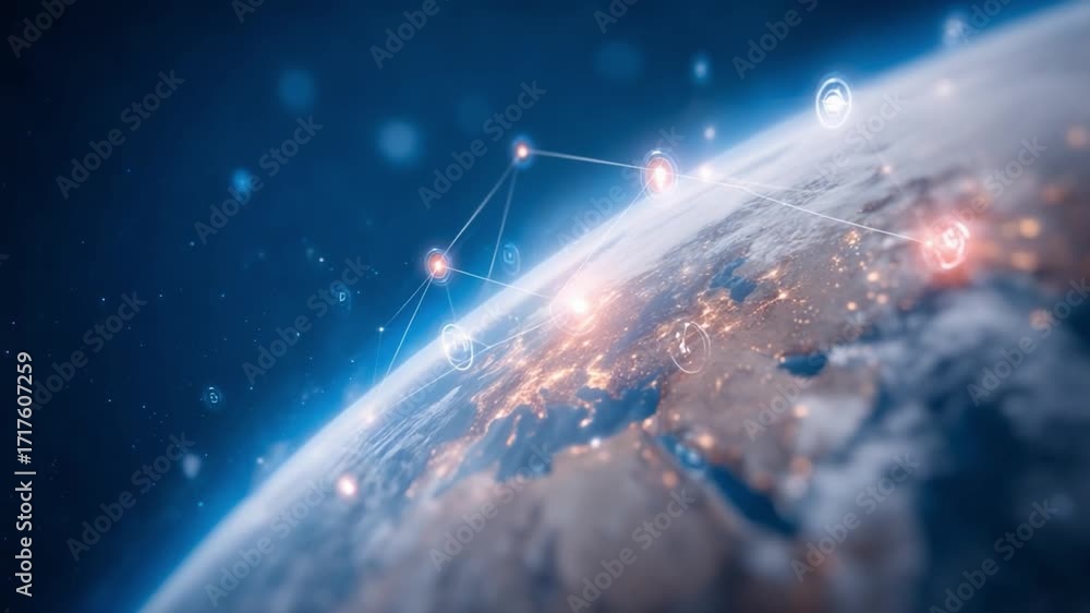 Aufkleber global connections: the image shows the earth, overlaid with illuminated nodes and connecting lines,