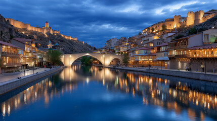 A charming historic riverside city at twilight, where glowing lights from traditional buildings and stone fortifications reflect beautifully on the calm water. An elegant arched bridge spans the river