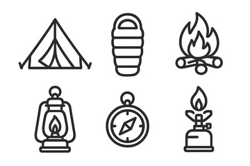 Camping icons set in linear style. Vector collection of outdoor adventure symbols. Tent, sleeping bag, campfire, lantern, compass, stove for hiking and travel. Outline pictograms.