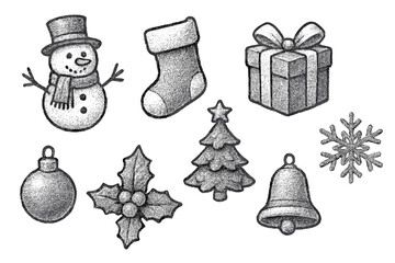 Christmas holiday icon set with stippling effect. Hand drawn winter vector elements collection. Retro snowman, gift, tree, snowflake, holly, bell, stocking illustration.