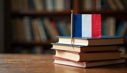 French flag on a stack of books, symbolizing French education or literature. Includes space for text. Ideal for academic, cultural, and language learning materials.
