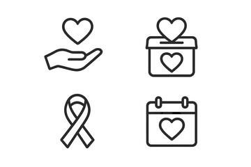 Charity and donation line icon set. Minimalist vector symbols for philanthropy, fundraising, and volunteering. Features heart in hand, donation box, awareness ribbon, calendar.