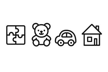 Minimalist toy and game icon set. Vector line art collection. Puzzle for logic, teddy bear for comfort, car for transport, and house for home symbol. Childhood, kindergarten concepts.