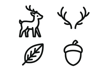 Naklejka premium Nature icons set vector. Minimalist line art. Deer, stag, buck, antlers, horn, leaf, acorn. Wildlife, forest, woodland, autumn, fall concept. Hunter, rustic, eco symbol.