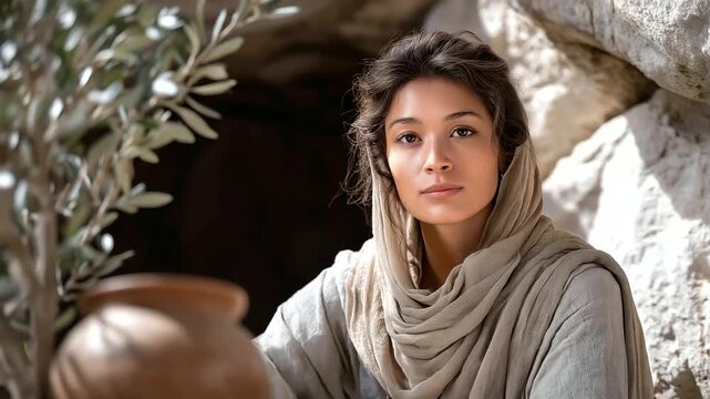 A woman her face etched with sorrow kneels at a tomb its stone surface cold and rough. A cloth veil drapes over her shoulders its edges frayed. A clay jar of ointment sits