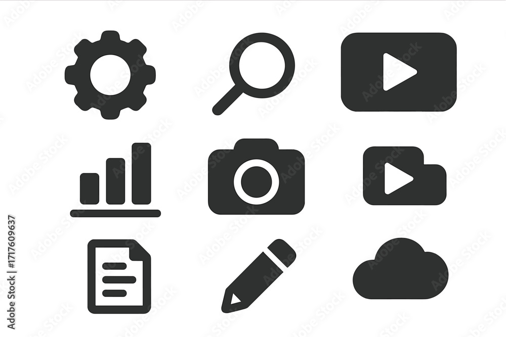 Poster minimalist icon set for web and app design. solid black glyphs for user interface (ui) and user expe