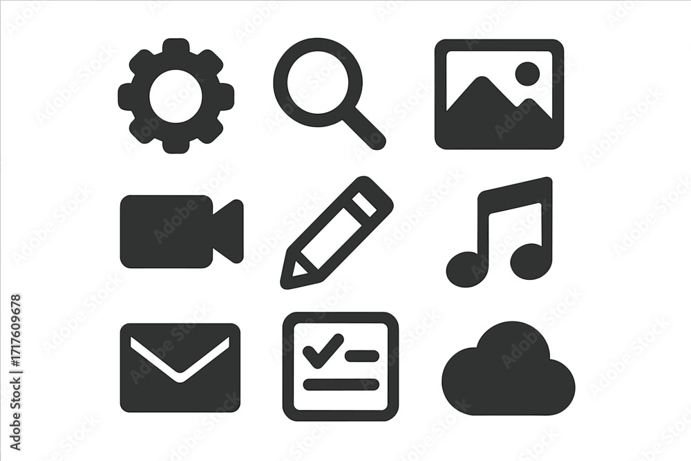 Poster modern flat icon set for web and mobile apps. dark minimalist glyphs for ui ux design. vector symbol