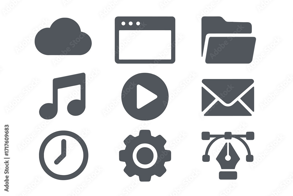 Aufkleber dark glyph icon set for web and mobile ui. minimalist solid pictogram collection for applications. i