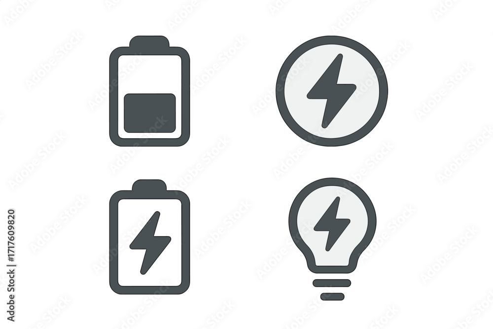 Poster energy and power icon set. minimalist flat vector symbols for battery charge level, electricity, and