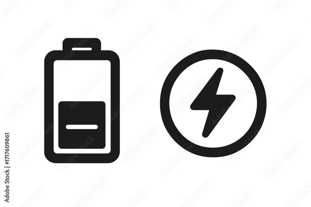 Poster minimalist battery icon set with energy symbol. vector power level indicator for ui design. low char