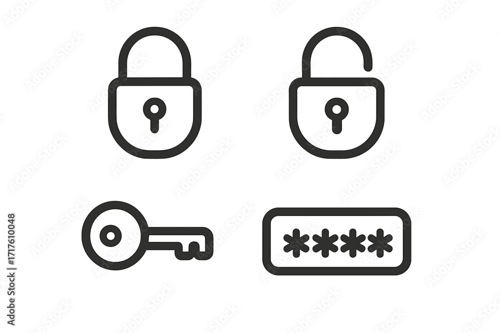 Poster security icon set with locked and unlocked padlocks, key, and password field. minimal line art for w