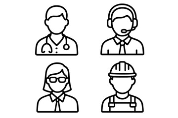 Professions line icon set. Doctor, support operator, teacher, and builder avatars. Thin linear pictogram collection for web design, apps, and business. Job profile symbols.