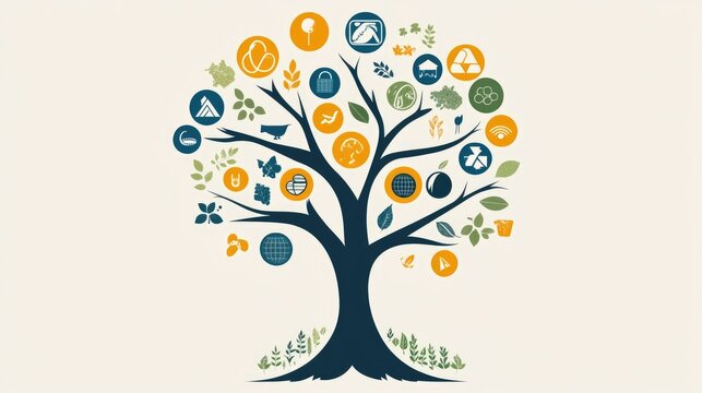 Eco-Friendly Symbols Tree Illustration for Sustainability Awareness
