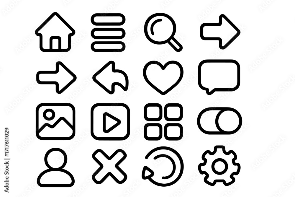 Aufkleber Simple black interface icons for web and mobile design, vector cartoon illustration set with transparent background, ordered minimal UI symbols for digital applications and user interface elements