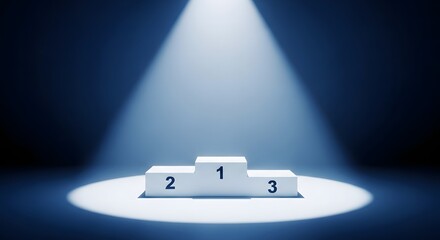 A white winners podium with numbers 1, 2, and 3 under a spotlight