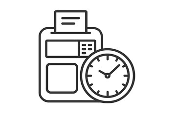 Time clock icon silhouette style vector, punch clock illustration, employee attendance tracking, work hours recording device, time management concept, payroll system, transparent background