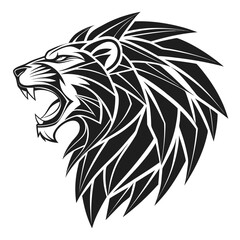 Obraz premium Stylized black and white lion head with an open mouth and sharp teeth in a geometric pattern design